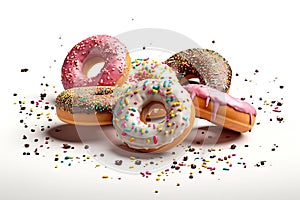 background white flying sprinkles Isolated Set Donuts