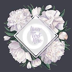 Background with white peonies flowers and leaves.Springsummer background with place for text. Frame made of peonies flowers and le