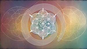 background _A white seed of life symbol sacred geometry on a rainbow gradient background. Circles and colors
