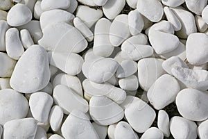 Background of white smooth pebble stones, close up