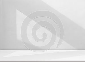 Background White Wall Studio with Shadow Leaves, light Cement floor Surface Texture Background,Empty Kitchen Room with Podium