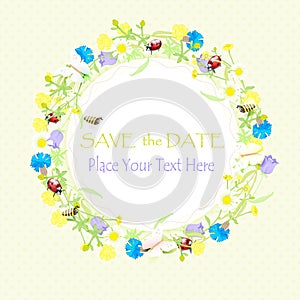 Background wildflowers wreath and banner, save the date. vector illustration