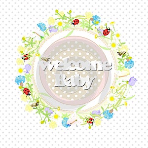 Background wildflowers wreath and banner, welcome baby. vector illustration