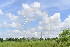 Background of wind turbines fields over blue sky ,  ecological conservation concept