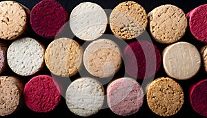 Background of wine corks. A set of red and white wine corks. Top view.