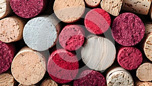 Background of wine corks. A set of red and white wine corks. Top view.
