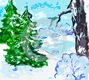 Background with winter forest: fir trees, trees, bushes