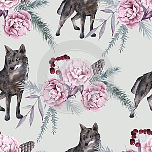 Background with a wolf and Siberian plants. Seamless pattern.