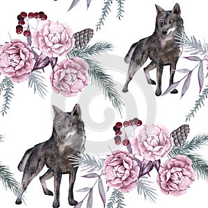 Background with a wolf and Siberian plants. Seamless pattern.