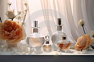 woman scent glass clear aroma smell fragrance flower perfume cosmetic bottle. Generative AI.