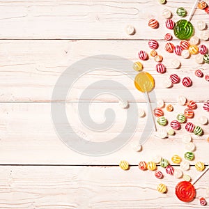 Background of wood table with confections on it