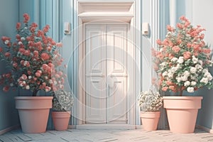 Background. Wooden door and flowers, pastel colors. AI generative