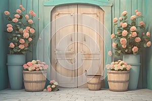 Background. Wooden door and flowers in pots, pastel colors. AI generative