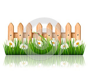 Background with a wooden fence with grass, flowers