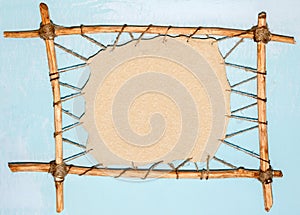 Background with wooden frame. Ancient billboard made of animal skin.