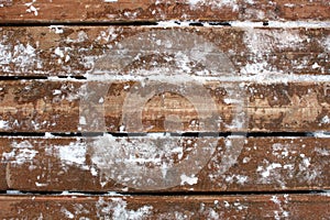 Background wooden surface covered with snow and ice