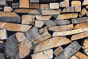 Background and wooden texture. Old firewood stacked in wood.