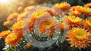 Background of yellow-orange chrysanthemums closeup in bright sunlight. Autumn flowers in the garden. Soft focus, the warm rays of photo