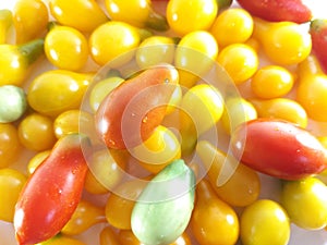 Background yellow and red mini tomato. Health organic food. Color texture, photo