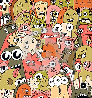 Background for your design with different cartoon monsters, colorful pattern with cute funny characters. Smiling