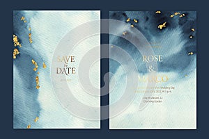 Backgrounds with blue watercolor wash texture.Golden foil. Abstract sea, ocean view.