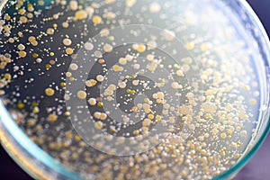 Backgrounds of Characteristics and Different shaped Colony of Bacteria and Mold growing on agar plates from Soil samples for educa