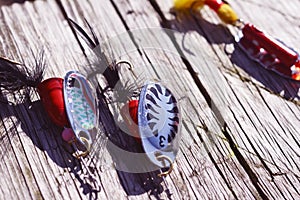 Backgrounds of close-ups of fishing lures