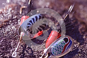 Backgrounds of close-ups of fishing lures