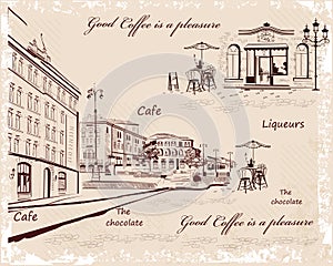 Backgrounds decorated with old town views and street cafes photo