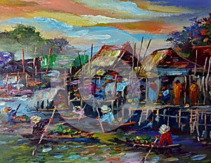 Original art painting Oil color Floating market Thailand countryside