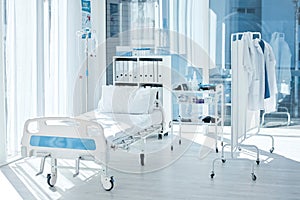 Backgrounds of empty patient room, bed and private healthcare facility, hospital and medical center of consulting