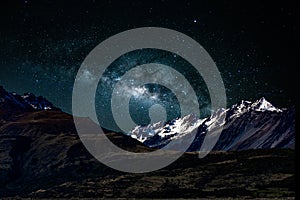 Backgrounds night sky with stars and milky way over the snow- capped mountains at south island