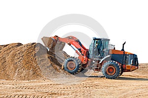 Backhoe loader or bulldozer - excavator with clipping path isolated on white background. work on construction site or sand pit