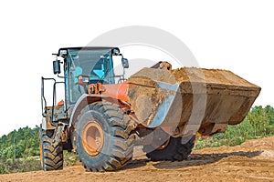 Backhoe loader or bulldozer - excavator with clipping path isolated on white background. work on construction site or sand pit