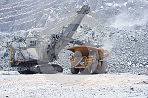 A backhoe loading a dump truck