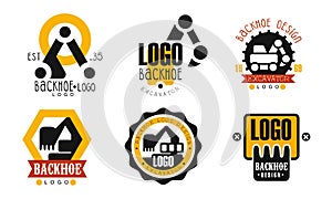 Backhoe Logo Design Collection, Excavator Construction Equipment Retro Badges Vector Illustration on White Background