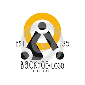 Backhoe logo design, estd 1935, excavator equipment service yellow and black retro label vector Illustration