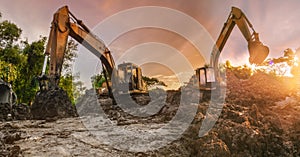 Backhoe to excavate the soil on the ground construction site