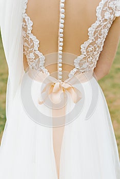 Backless wedding bridesmaid dress with lots of buttons and beige bow