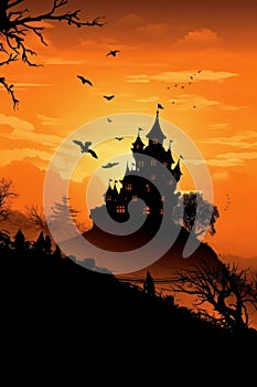 Backlight of a horror castle at sunset. Happy Halloween photo