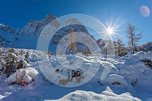 Backlighted photo of Monte Pelmo after an abundant snowfall