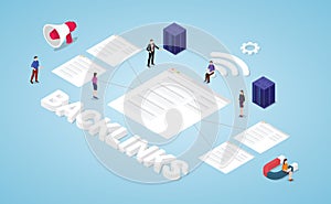 Backlinks seo search engine optimization concept with big words and team people with modern isometric style - vector