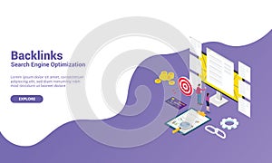 Backlinks seo search engine optimization concept for website with modern isometric style for website template or landing homepage