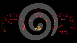 Backlit car control panel showing automotive meters. Speed meter. Torque meter. Fuel level. Mileage. Temperature meter