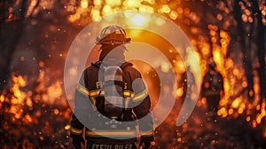 Backlit Firefighter In Full Gear Facing A Blazing Inferno With Sparks And Smoke Rising Against Glow