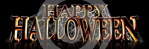 Backlit Happy Halloween text covered in spooky spider webs banner