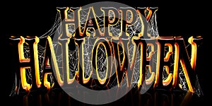 Backlit Happy Halloween text covered in spooky spider webs banner