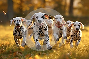 Backlit joy Dalmatian puppies playing and running in sunny backlight