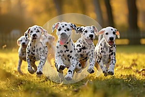 Backlit joy Dalmatian puppies playing and running in sunny backlight