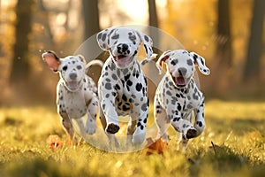 Backlit joy Dalmatian puppies playing and running in sunny backlight